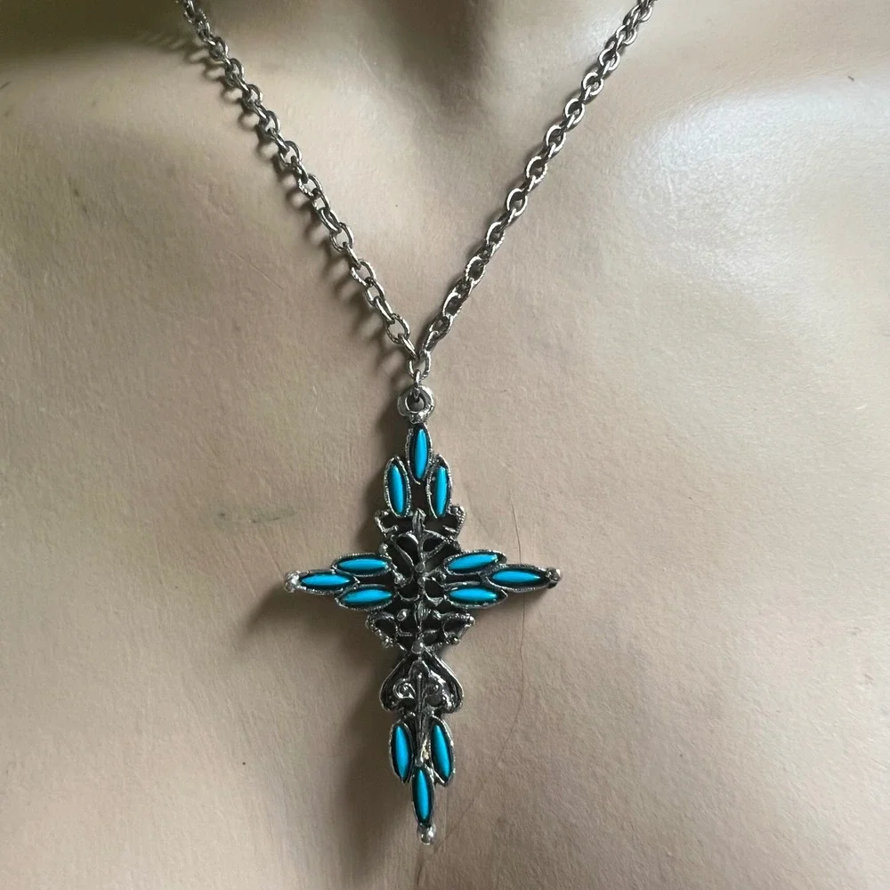 Faux Turquoise Ornate Cross Necklace 24